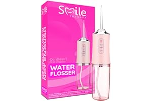 Smile Therapy Water Flosser for Teeth - Pink, 300ml Tank | Cordless Oral Irrigator & Dental Water Jet | 4 Brush Tips to Floss & Remove Plaque, Stains & Food Residue | Travel & Home USB Rechargeable