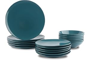 Amazon Basics 18-Piece Stoneware Dinnerware Set - Deep Teal, Service for 6