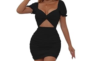 Belriviere Womens Sexy Mini Dress Bodycon Ruched Cutout Puff Sleeve Twist Front Short Dresses for Party Night Out Clubwear