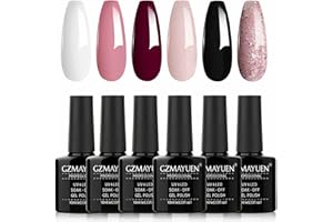 GZMAYUEN Esmaltes Semipermanentes, 6 Colores Blanco Negro Rosa Rojo Rosa con Glitter Pintauñas Semipermanente para Uñas Kit 10ML