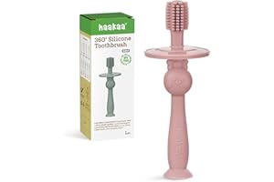 haakaa 360° Baby Toothbrush with Suction Base - Gentle Cleaning for Infant Self-Brushing Training, Food-Grade Silicone, Adjustable Safety Shield - Blush (1 Piece)