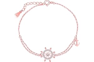 INFINIONLY Bracelets Zircons Elégant Femmes Filles en Argent 925 Bracelet Créatif de Gouvernail - Ancre avec Double Chaîne d'Ancre Réglable Bijoux Fantaisie