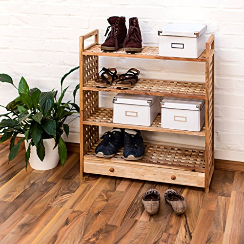Relaxdays Schuhregal Walnuss H x B x T: 81 x 70 x 27 cm Schuhablage mit Schublade 4 Böden für je 3 Paar Schuhe Holz Schuhschrank mit Griffen zum Tragen und Schubfach zum Ausziehen, geölt, natur - 2