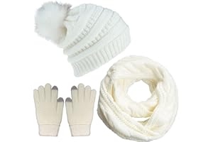 Joligiao Bufanda Conjunto de Gorro Invierno Gorro de Pompón Cálido Guantes Set de Bufanda Cómodo Lana Punto Guantes Hombre Pantalla Táctil Guantes Sombrero Pompón Mujer