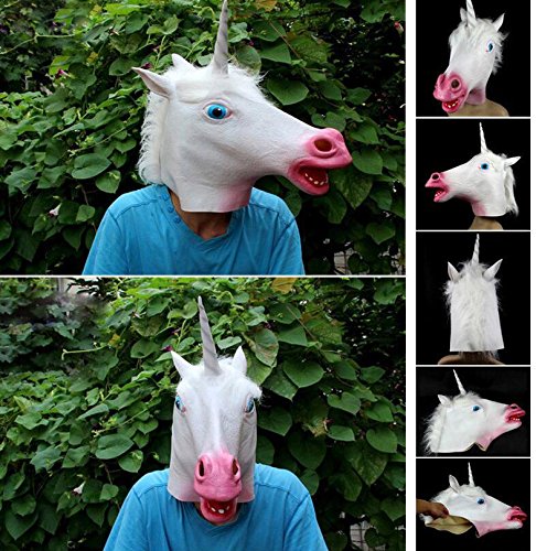 Weiß Einhorn Kopf Maske, Cusfull Einhornmaske Einhorn Latex Fasching Knopf Maske Vollmaske Tiermaske für Halloween Cosplay Kostüm - 7