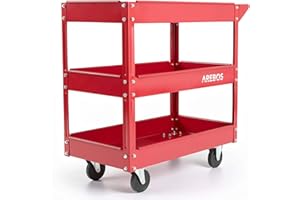‎AREBOS Arebos Werkstatt-Rollwagen | Montagewagen mit 3 Ablagefächern | bis 120 kg belastbar | robuster Werkzeugwagen aus Stahl | Mobile Transporthilfe mit 2 Lenkrollen | für Werkstatt, Garage & Hobbyraum
