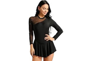 inlzdz Women's Lyrical Mock Neck Gymnastics Ballet Dance Leotard Dress Figure Ice Skating Dress Black L