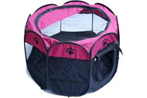 SUNERLORY Tienda de Campaña Plegable para Mascotas, Tienda de Jaula para Mascotas Transparente Zona de Juegos para Animales Pequeños, Parque de Juegos Octogonal para Perro, Gato, Conejo (Rosado)