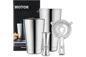WOTOR Boston - Juego de coctelera con peso de acero inoxidable de 18 onzas y 28 onzas, colador, medidor de medición doble, herramientas profesionales de bar para camarero (plata)