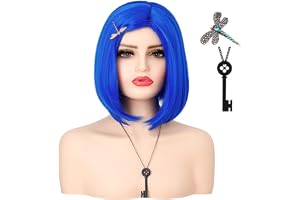 Dam kort blå peruk, ATAYOU slät blå bob peruk med fjärilshårklämma och svart knapp nyckel halsband för Coraline Halloween cos