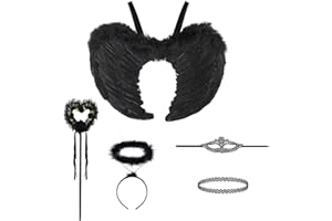 23GUANYI Alas Negras Disfraz，Alas de Angel Disfraz Halloween Niña Carnaval Juego de Roles Disfraz Angel Incluye Alas, Halo, Collar, Varita Mágica Adecuado para Altura 100-165cm (Negro)