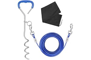 Yideng 32.8ft(10m) Dog Tie Out Cable with 17.7 inches(45cm) Heavy Duty Spiral Ground Stake Spike Extra Long Steel Dog Outdoor Tie Out Lead Leash for Dog Up to 130 lbs with Carry Bag (Blue)