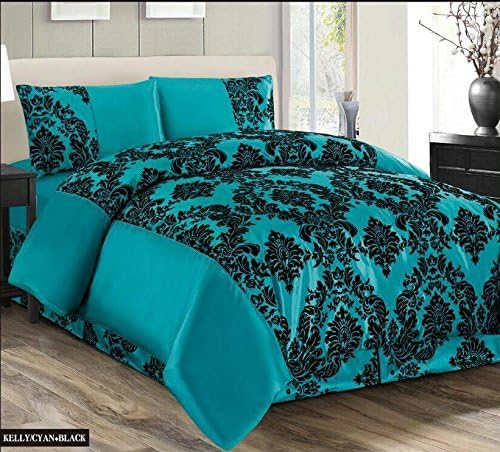 4PC Polyester Taffeta With Microfiber Damask Flocking Complete Duvet Cover Bedding Set (Double, Teal Black)