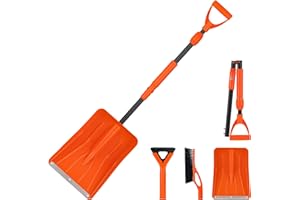 POSKENA 3-IN-1 Foldable Snow Shovel Kit, with Snow Brush and Ice Scraper, 127cm Snow Scraper with Telescopic Rod, Ideal for Clearing Snow From Driveways, Pavements, Car Roofs,Orange