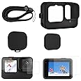 TEKCAM Silicone Sleeve Case Compatible with GoPro Hero 12 11 10 9, Tempered Glass Screen Protector 2 Pcs+Lens Protector Film 2 Pcs+Front Screen Film 2 Pcs + 2PCS Lens Caps, Rubber Case Lanyard, Black
