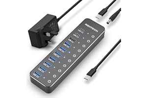 RSHTECH Powered USB-C Hub 3.2, 10-Port USBC Hub with 3x 10Gbps USB 3.2 Data Ports (2C+1A), 7x USB-A 3.0 5Gbps Splitter and 12V/5A (60W) Power Adapter, RSH-ST10C