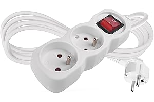 EMOS - Multiprise 2X 2m avec Interrupteur - 2 Prises French tournées à 45° - 250 V, 16 A, 3680 W - H05VV-F3G 1,0 mm2 - Protection renforcée Contre Les Contacts accidentels - pour l'intérieur - Blanc