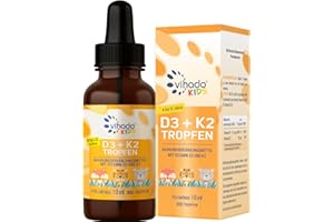 ‎VIHADO Vihado Vitamin D3 + K2 für Kinder von 4-12 Jahre, sicherer Markenrohstoff, vegan, 300 Tage, 12,5 μg 500 i.E Vitamin D aus Flechten, Kinder Vitamine, 10 ml (300 Tropfen)