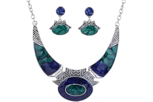 Yazilind - Set di gioielli da donna etnici blu scuro e verde in rilievo tibetano con bavaglio, collana e orecchini