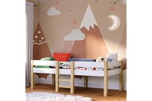 ‎BELLABINO Bellabino Aspy Kinderbett 90x200 cm – Hochbett mit Rausfallschutz & Lattenrost – Halbhochbett mit Leiter aus Kiefer Massivholz in Weiß/Natur – Jugendbett für Jungen und Mädchen