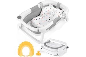 Jissta Baignoire Bébé Pliable, Avec Oreiller de Baignoire, Bonnet de Bain, Brosse de Douche, Grise pour Nouveau-né, Bébé Gris/Blanc