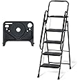 Galvaran Ladder with Safety Handrails, 150 kgs Folding Step Stool with Tool Tray and Wide Non-Slip Pedal for Home, Kitchen, Pantry, Closets, Office Use (4 Step)