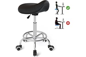 ‎YEEZEE Ergonomic Saddle Stool - Comfortable Saddle Chair with a Wide Saddle Seat Cushion, Rotatable, Adjustable Saddle Stool with Wheels and Ring Pedal for Medicine, Massage, Salon, Office and Home (Black)