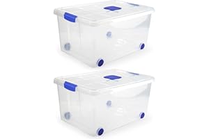 KINGNET Cajas Almacenaje Plástico con Tapa y Cierre a Presión, Cajas Oranizadoras Transparente, Perfecta para Almacenar Ropa, Juguete, Libro y Productos de hogar (Nº5-57Litros, Pack 2 unidades)