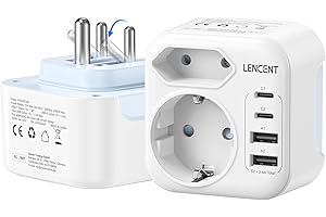 LENCENT Adaptateur Prise Inde avec 2 Type C et 2 USB-A, Adaptateur Type D 6 en 1 Prise Indienne Pliable pour Sri Lanka, Népal, Niger, Liban, Ghana, Myanmar, Sénégal