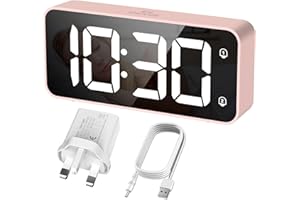 HERMIC Digital Alarm Clock Bedside Mains Powered Large Digital Led Display, Full-Range Brightness Dimmer, Adjustable Alarm Volume, Snooze, Dual Alarm, 12/24H, Easy to Use Pink