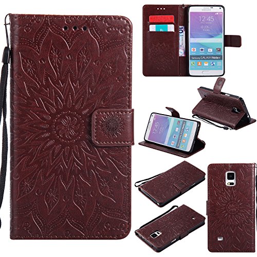 Coque pour Samsung Galaxy Note 4,Housse en cuir pour Samsung Galaxy Note 4,Ecoway Tournesols de motifs en relief étui en cuir PU Cuir Flip Magnétique Portefeuille Etui Housse de Protection Coque Étui Case Cover avec Stand Support Avec des Cartes de Crédit Slot et Fonction Support pour Samsung Galaxy Note 4 - brun