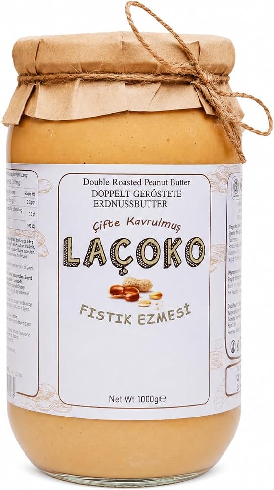 LAÇOKO 1 Kg Şekersiz, Saf, Katkısız Fıstık Ezmesi Glutensiz, Vegan, Doğal Çifte Kavrulmuş Yer Fıstığı Ezmesi (1 KG) Peanut Butter
