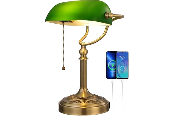 Newrays Lampe de bureau en verre vert avec interrupteur à chaîne, port de charge rapide USB