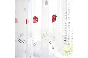 Lsimeru Erdbeere Gardinen Kinderzimmer Mädchen Transparent Blumen Kräuselband Kurz 2 Stücke Vorhänge Durchsichtig Schals Fensterschal für Babyzimmer 140x160