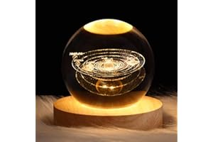 DRYFAL Luce notturna a sfera di cristallo con sistema solare 3D per bambini, lampada da notte con base in legno, decorazione fantasy, palla crsytal, alce, LED, galassia, pianeta, luce notturna,