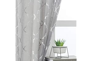 Kotile Grey Voile Curtains 90 Drop - Metallic Silver Foil Geometric Moroccan Tile Print Sheer Curtains for Bedroom, Eyelet Voile Window Treatment Curtain 2 Panels, W66 x D90 Inch, Grey Silver
