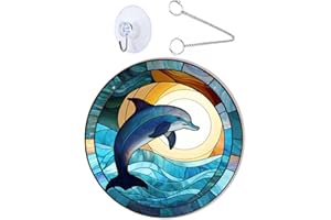 IMIKEYA 1 Set Dolphin Jumping Moon Window Hanging Round Acrylic Stained Glass Hand Painted Wall Art Panel Decoration For Home Porch Door Office Bedroom