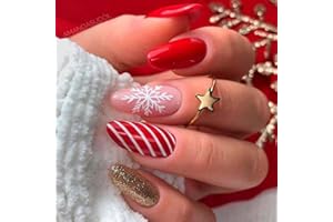Vatocu Noël Ovale Faux Ongles Court Rouge Rose coller de faux ongles Paillettes d'or Flocons de neige Appuyer sur les ongles Lignes Acrylique ongles collés pour Femmes et Filles (24pcs）