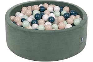 KiddyMoon Velours Piscine À Balles 90X30cm/200 Balles ∅7Cm pour Bébé Rond Fabriqué en EU, Vert Forêt: Turquoise Foncé/Beige Pastel/Blanc/Menthe