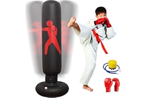 MEYDLL Sac de Frappe Enfant, 160cm Sac de Boxe Enfant, Gonflable Punching Ball avec Pompe à Air et Gants de Boxe pour Karaté Kickboxing, éQuipement D'EntraîNement, Cadeau pour GarçOns Filles