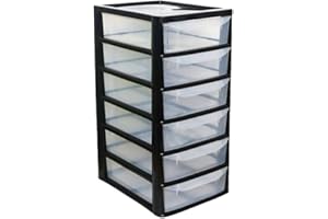 Khanary Plastic Storage Drawer A4 Storage Box Multipurpose Organizer Office Desktop Tabletop Counter School Bedroom Garage Kids Room Vanity organizer Black/Silver-Clear (Black Clear, 6 Tier Small)