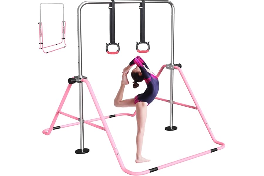 FBSPORT Gymnastics Bar for Kids, Foldable Adjustable Height Horizontal Bar, Gymnastic Training Equipment for Home Gym Indoor and Outdoor Use, Supports 140lbs
