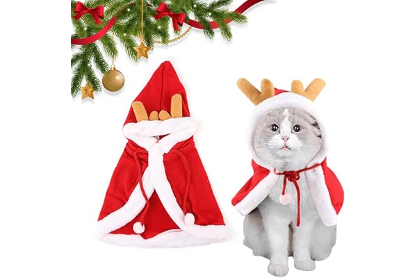 Qpets Christmas Hat & Scarf, Chrismat Cat Clothes for Cat Warm Cloak, Dress Up Costume Chrismat Red Elk Cloak Adjustable Drawstring Hat for Photogaphy Prop Christmas Party - Neck 46CM