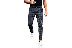 Beokeuioe Pantaloni elasticizzati da uomo, pantaloni chino, slim fit, casual, in tessuto, elegante, regolare, classico, a quadri con chiusura lampo