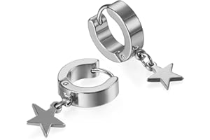 JewelryWe Pair of Mens Womens Stainless Steel Stud Hoop Huggie Star Moon Dangle Charms Earrings Hinged Earring Set