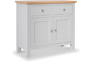 RoselandFurniture Farrow Grey Small Sideboard for Living Room | Fully Assembled Painted Storage Cabinet Solid Wood 2 Door Cupboard with 2 Drawers and Oak Top for Kitchen, Dining Room or Hallway