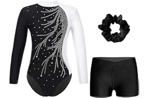 Linjinx Enfant Fille Justaucorps Gymnastique avec Short et Bandeau Strass Manches Longues Leotard Danse Gym Ensemble Patinage Artistique Costume Spectacle 6-16 Ans