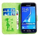 FESELE Glitzer Blume Schutzhülle für [Samsung Galaxy J1 2016] Schmetterling Katze Prägung Kristall Glitzer Diamant Strass Brieftasche Hülle Leder Tasche Flip Handyhülle mit Magnetverschluss, Samsung Galaxy J1 2016 Luxus Bling Wallet Case Kartenfach Ledertasche Leder-Mappen-Karten-Slot-Abdeckung mit Standfunktion für Samsung Galaxy J1 2016 + Blau Eingabestift Stylus Touch Pen-Mädchen Katze,Grün - 3
