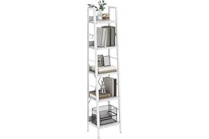 YITAHOME Bookcase 5 Tiers, Industrial Ladder Shelf Floorstanding Book Shelf Wooden Shelves and Metal Frame Book Rack Modern Shelving Unit for Living Room, Hallway, Office, Pure White Bookshelf