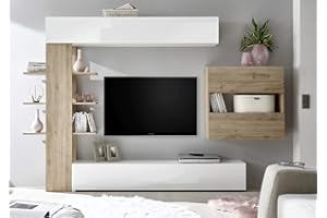 Web Convenienza Parete TV Attrezzata Collezione Sorano 2 C - Mobile Televisore in Legno con Ante a Ribalta Moderno - Color Bianco e Rovere Kadiz